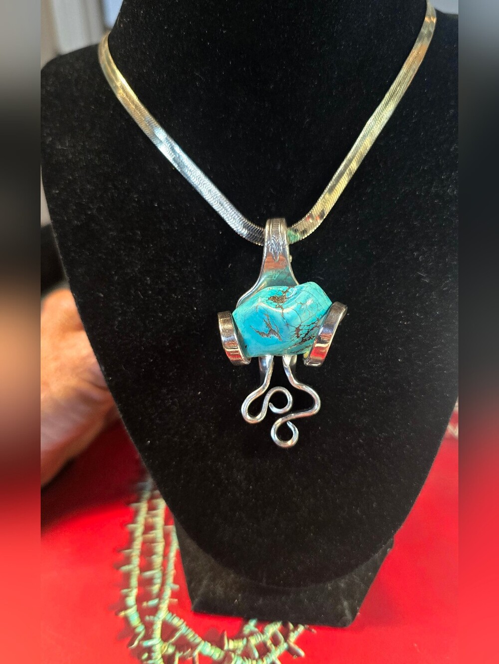 Vintage Artisan Handmade Turquoise And Silver Fork Pendant STUNNING NWOT